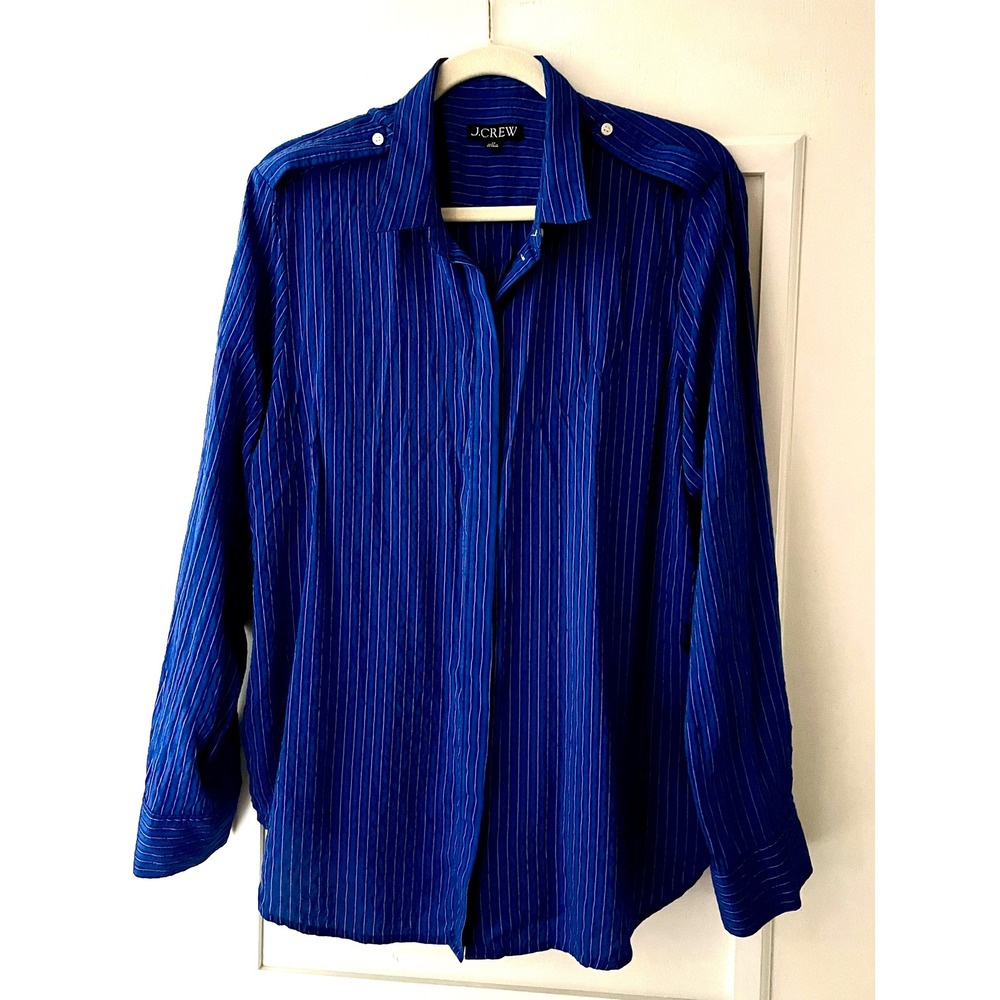 J.Crew Womens 2X Blue Pinstripe Epaulette Button Down Viscose Blouse Shirt